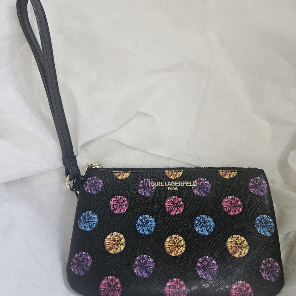 Karl Lagerfeld Black Wristlet with Blue, Purple, Pink & Yellow Gem Dots
